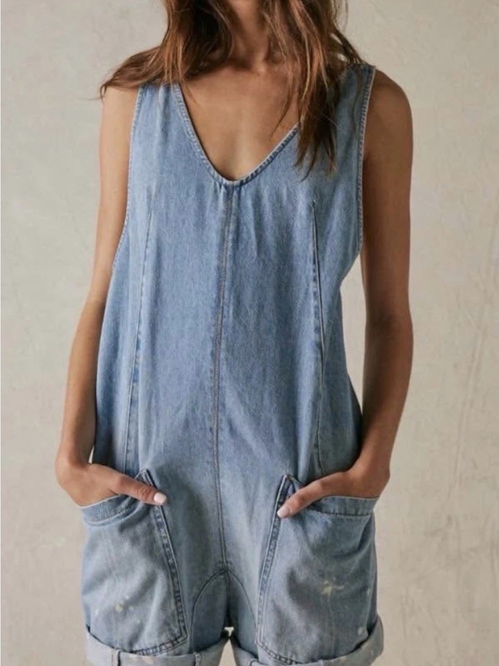 Free People Light Blue Denim Romper High Roller shorts overalls XS